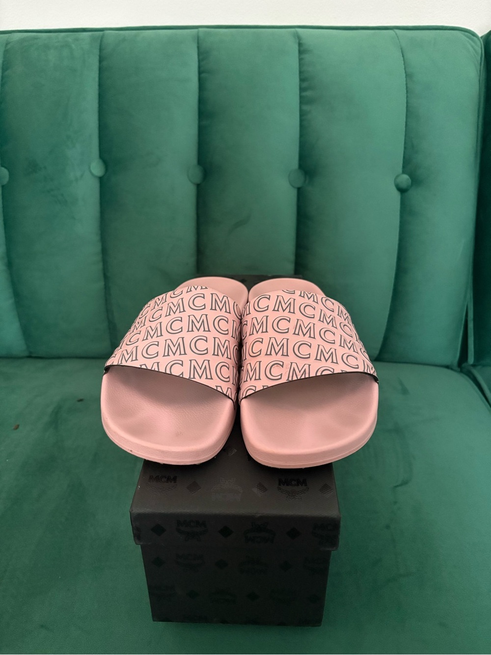 MCM Pink Logo Slide Sandals with All-Over Monogram - Picture 1 of 5